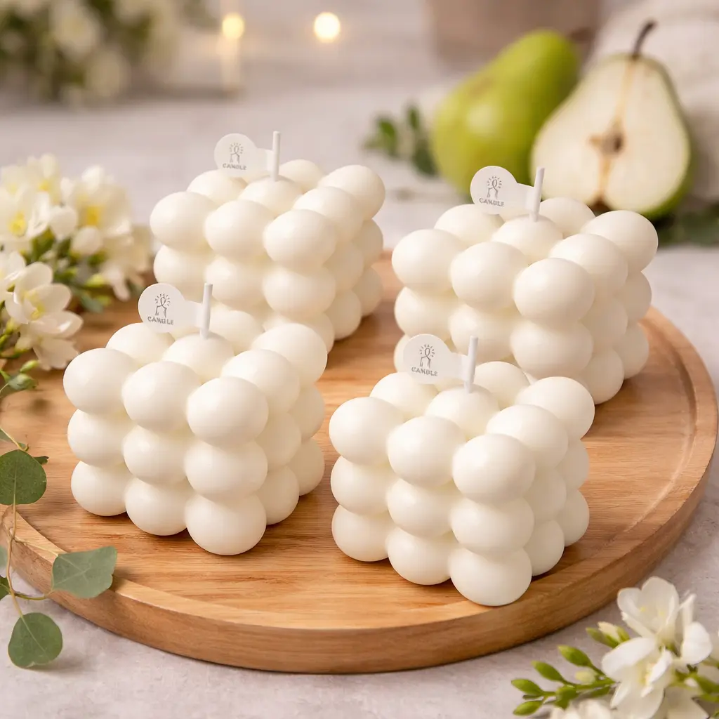 4-Piece Handmade Soy Wax Aroma Candles Set - Bubble Shape Draped, English Pear & Freesia Scented Decorative Floral Freshener for Home Decor, Gifting