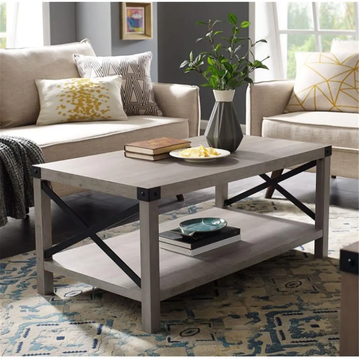 Walker Edison 40 in. Grey Wash & Black Rustic Urban Industrial Flat-Top Coffee Table - Living Room Tables, Laminate Top, Metal Accents, X-Shaped Legs, Flat-Top Coffee Tables