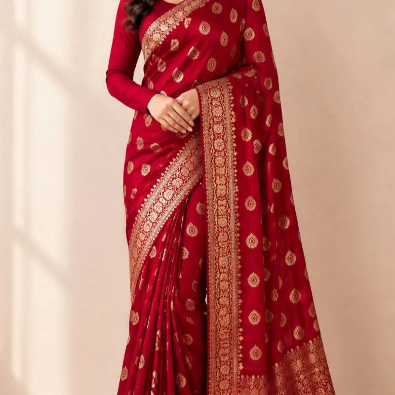 Festival Saree Grate for Group Wearing Red Lightweight Foil Printed Saree with Fall and Picko Completed