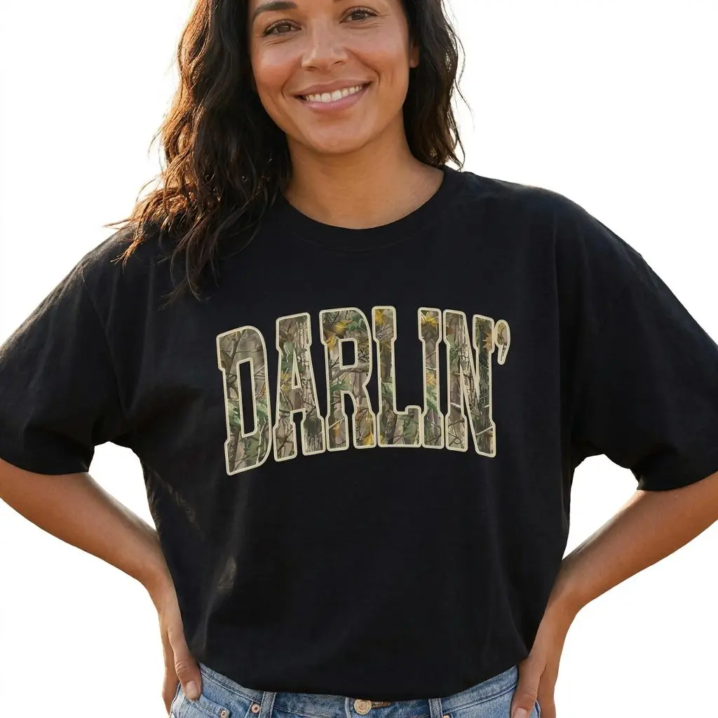 Women's Darlin Graphic Tee, Southern Country Camo Print T-Shirt, Soft Cotton Cowboy Aesthetic Top for Rodeos, Plus Size