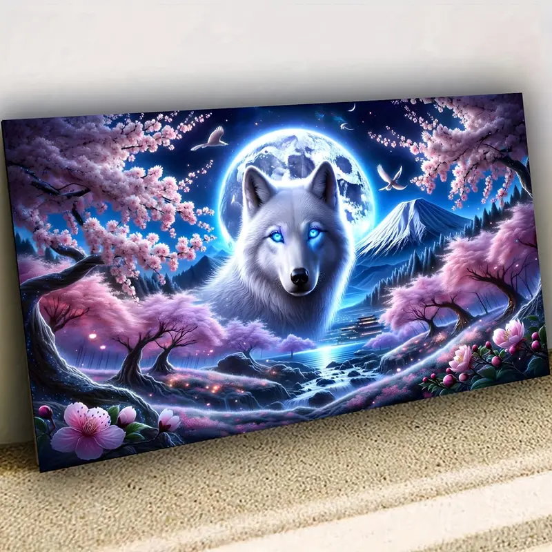 1pc 5D DIY Full Round Diamond Painting (80x40cm/31.5x15.75 inch) - Dream White Wolf Wonderland Full Moon Art, Stress-Relieving, Rich Perfect Color Matching, Waterproof Nordic Home & Office Decor for Adults