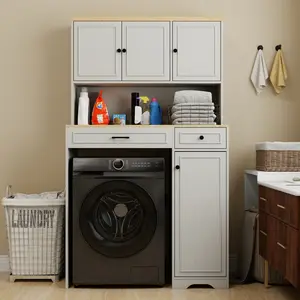 Over Washer Storage Cabinet with Laundry Basket, Space-Saving Organizer for Laundry Room & Robot Vacuum, Adjustable Shelves & Drawer, Antique White