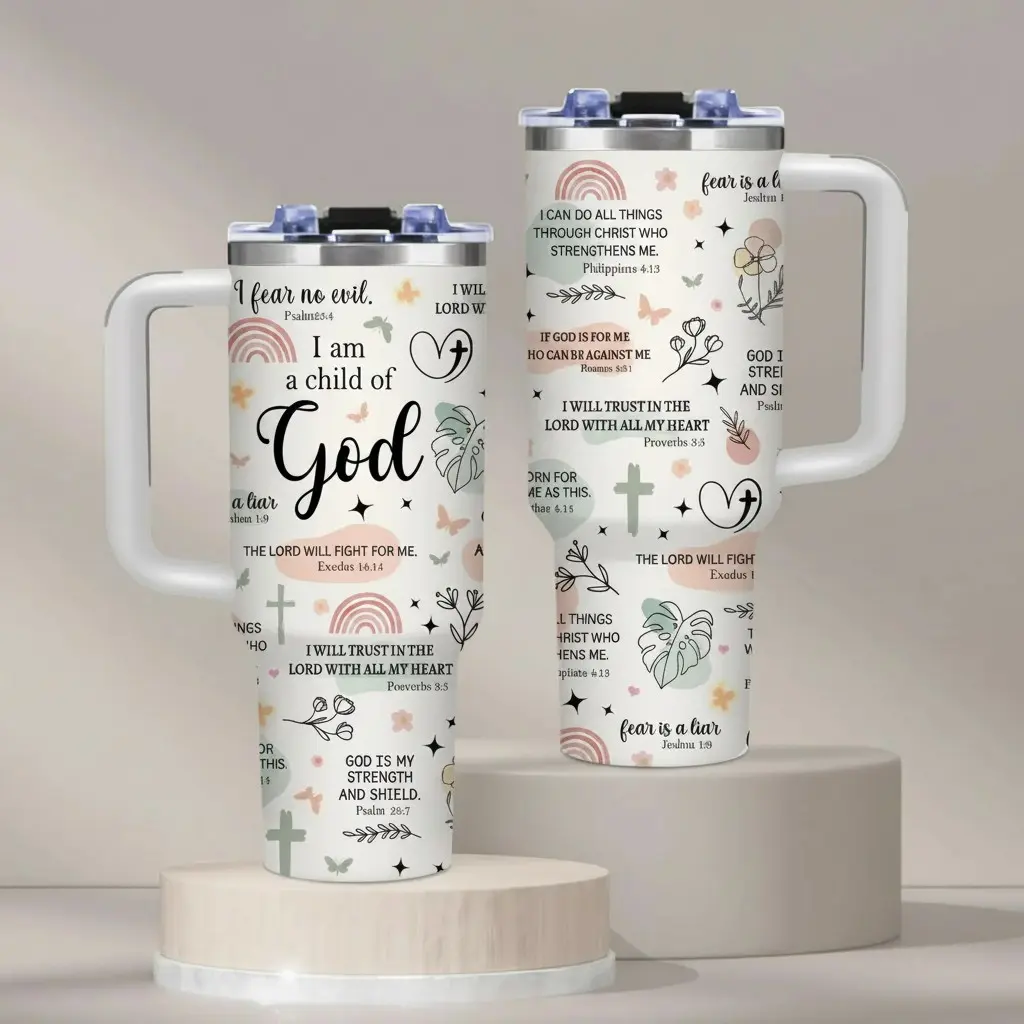 1PC 40oz BPA-Free Insulated Travel Tumbler with Handle & Straw, Featuring Inspirational Christian Scripture Quotes & Soft Pastel Faith-Themed Print (crosses, whimsical botanicals, rainbow motifs), Ideal for Home, Office, Church, Perfect Easter Mother