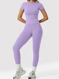 Tummy Control & Butt Lifting Purple Yoga Set, Women's 2 Piece High Waist Leggings and Fitted Top, Breathable Quick Dry Workout Outfit, Lavender
