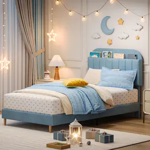 Garvee Twin Size Upholstered Platform Bed Frame with Bookcase Headboard and Wooden Slats Support, No Box Spring Needed, Suitable for Teens and Versatile Bedroom Use