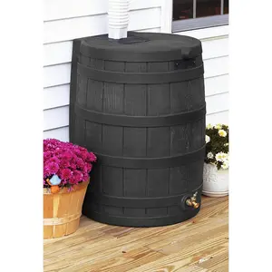 Good Ideas Rain Wizard 50 Gallon Plastic Rain Barrel Water Collector, Black Wood Faux Mother Wall