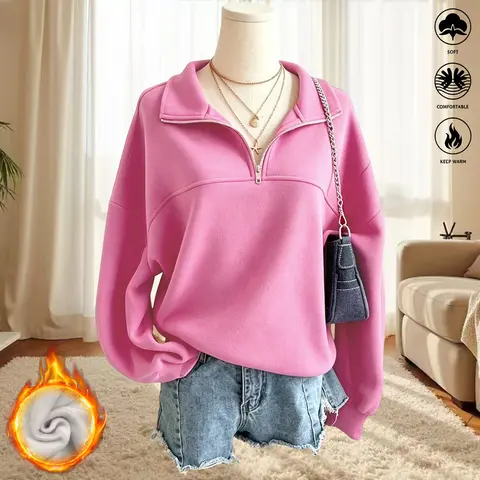 Women’s fashion casual sweatshirt with a half-zip design, warm and comfortable autumn/winter outerwear with zipper details; women’s top, women’s clothing, womenswear
