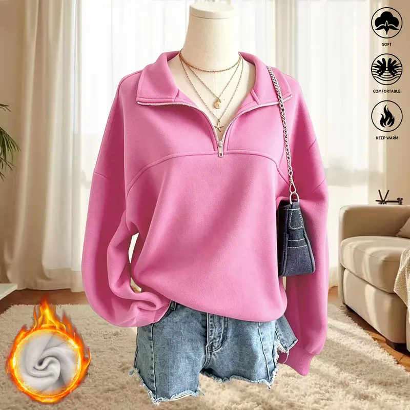 Women’s fashion casual sweatshirt with a half-zip design, warm and comfortable autumn/winter outerwear with zipper details; women’s top, women’s clothing, womenswear