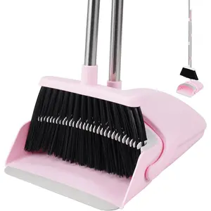 Broom and Dustpan Set, 52” Long Adjustable Handle Broom with Dustpan Combo Set with Dust Pan Teeth to Clean Hair for Home Lobby Office (Pink)