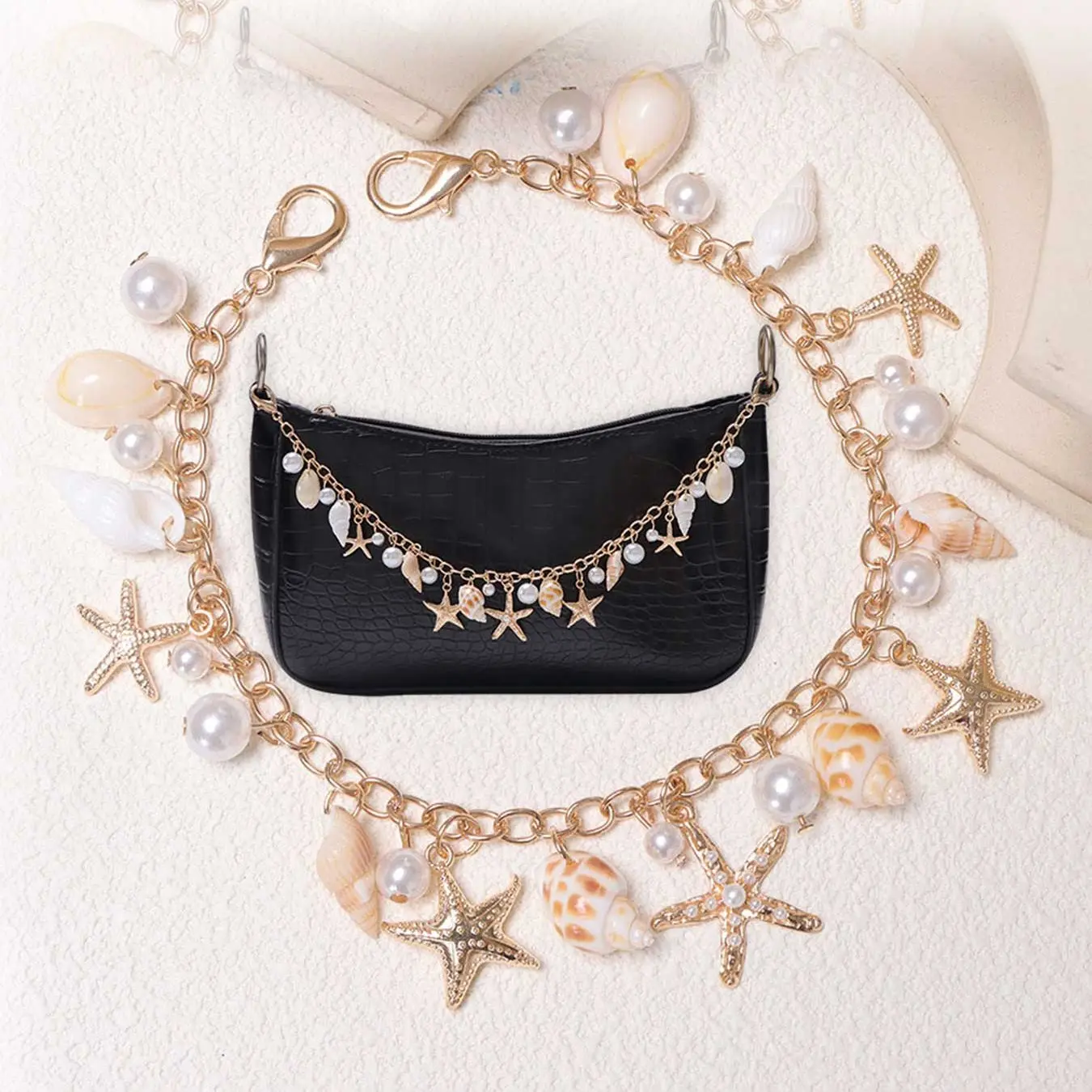 1Pc Ocean Handbag Chain Alloy Beach Conch Pearls Starfish Shells Bag Charm Stylish Gold Sea Shell Beachy Seashell Bag Jewelry Decoration Accessories Trendy Bag Charms For Women Friend Wife Gift