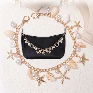 1Pc Ocean Handbag Chain Alloy Beach Conch Pearls Starfish Shells Bag Charm Stylish Gold Sea Shell Beachy Seashell Bag Jewelry Decoration Accessories Trendy Bag Charms For Women Friend Wife Gift