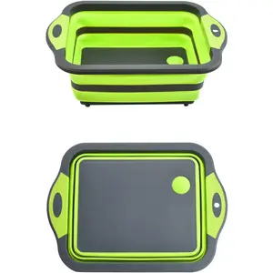 Camping Collapsible Cutting Board Dish Basin BBQ Prep Tub Camp Sink Dish Washing Station Multifunctional Storage Basket(Grey green)