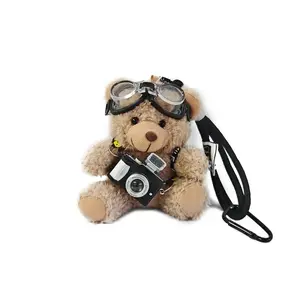 Cute Bear Bag Charms Plush Keychain with Flash Camera & Glass for Handbags Purses Totes Backpacks Adorable & Functional Accessory