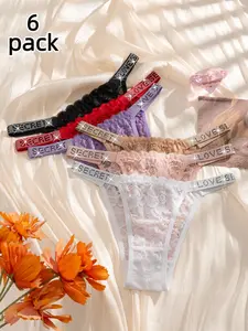 Women's Rhinestone Letter Belted Bikini Underwear, Sheer Sexy Lace Low Waist Briefs, Plain Fashionable All-Seasons, 6 Pcs Set, Bikini Sets