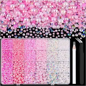 14000PCS Flatback Pearls and Pink Rhinestones for Bedazzling Kit, Pink White Mixed Size 3-8mm Resin Rhinestones and Half Pearls Gems for Crafting, Nail Art and Grad Cap Decoration