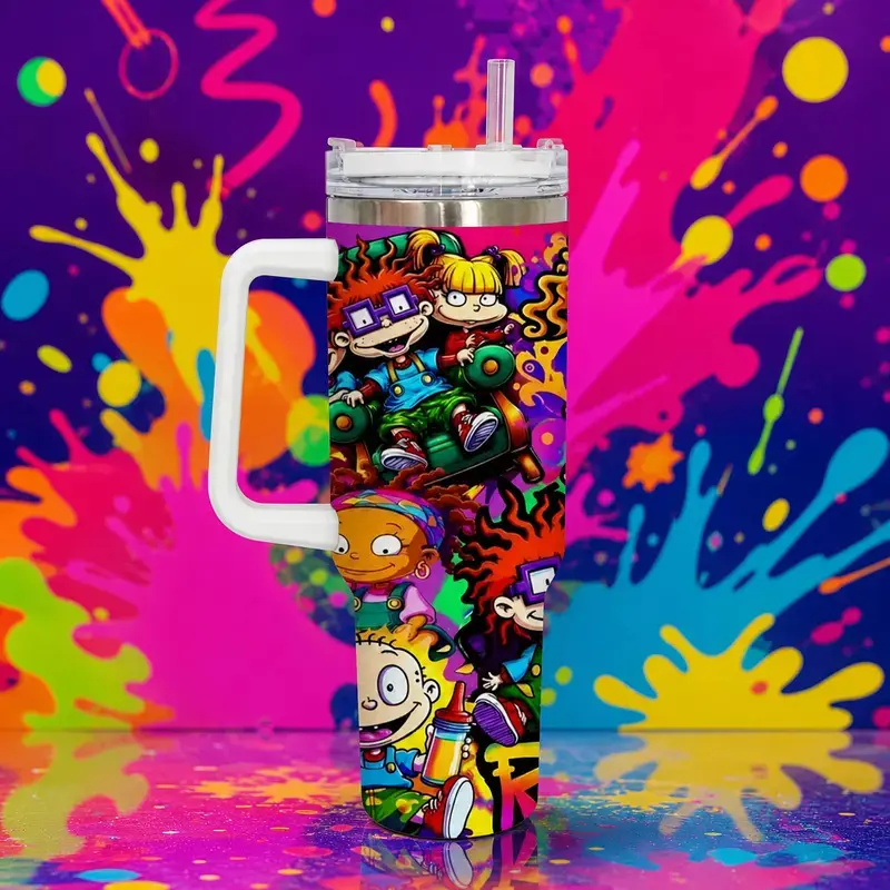 Rugrats 40oz Tumbler with Handle and Straw, Cartoon Character Stainless Steel Vacuum Insulated Travel Mug, Colorful 90s Nostalgia Cup, Reusable Drinkware, Gift for Cartoon Fans