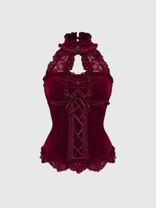 Fairycore Goth Velvet & Lace Stand Collar Tie-Up Camisole for Women, Goth Style, Gothic Style