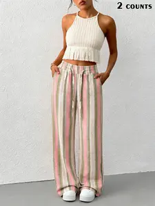 Women's Casual Fashion 2-Piece Set Outfit, Top, Vertical Ribbed Knit Texture, Fringe Hem, High Waist Drawstring Wide Leg, Side Pockets, Slimming Effect