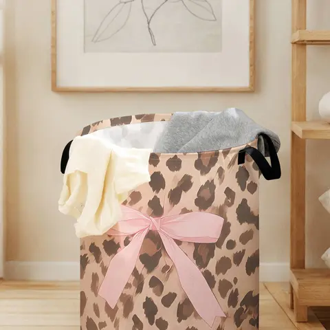 Large Capacity Laundry Basket with Leopard Print Bow Tie Pattern, Durable Fabric with Handle, Foldable Storage for Home and Toys, Laundry Hamper, Laundry Bin