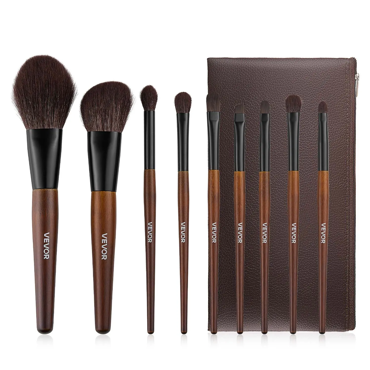 VEVOR 9-Piece Professional Makeup Brush Set with Travel Toiletry Bag, Soft Vegan Bristles, Ergonomic Wood Handle with Non-Slip Grip, Fine Eyeshadow Brush Sets & Kits for Eyeshadow, Face Foundation Blending