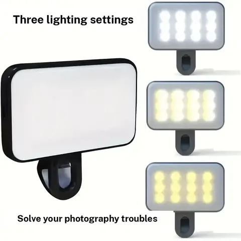 1pc Portable Rechargeable LED Mobile Phone Computer Fill Light, Mini Clip Fill Light, 3 Light Modes, Compatible for iPhone 15/14/13/12/11 Pro XS, for A72/A71/A52/A51, for Phones, Cameras, Video, Zoom Meetings, Clip On, Adjustable, with Front & Back Clips