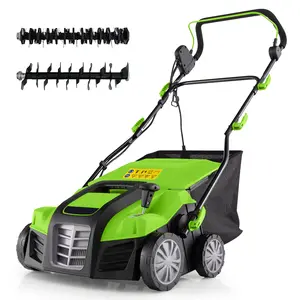 COSTWAY - 16-Inch Electric Lawn Dethatcher and Scarifier with Collection Bag-Green
