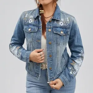 Women's Floral Embroidered Light Wash Denim Jacket - Western Cowgirl Style Outerwear, Long Sleeve Tops, Elegant Everyday Casual Womenswear-010399