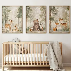 3pcs/set Frameless Forest Bear Giraffe Rabbit Nursery Canvas Print Wild Animal Jungle Painting Wall Art Poster Wall Picture Decor for Boys Girls Room Home Decor Art Illustrations