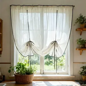 1pc Japanese Style Vertical Stripe Embroidered Trim Sheer Curtain, Net Curtains Window, Home Decoration Curtain, High-Quality Drape, Insulated, Washable, for Living Room, Bedroom, Balcony