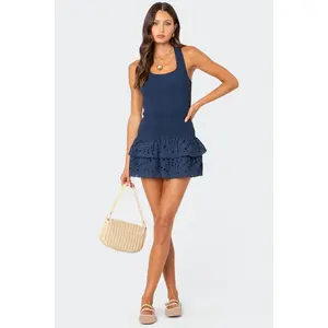 Scrunchy Ruffled Eyelet Mini Dress