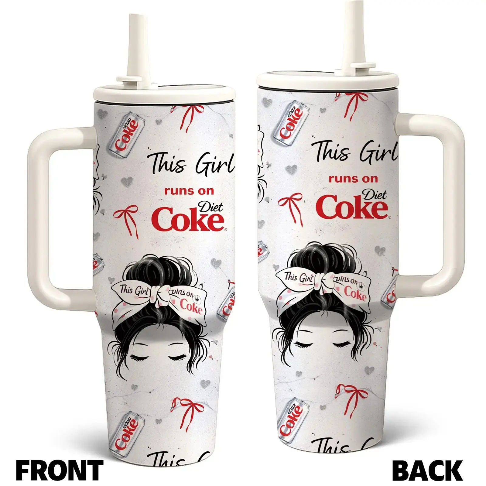Mikenda 40oz Stainless Steel Printed Tumbler - Handle, Straw, Double-Wall Vacuum Insulated, Diet Coke Art Design, 12H Hot/24H Cold, Kitchen Essential, Birthday Gift for Women