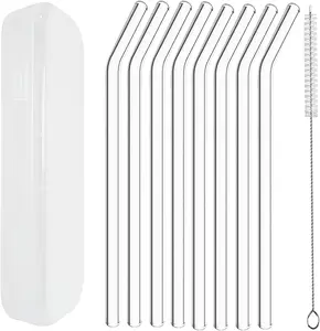 8pcs Reusable Clear Glass Drinking Straws, 7.88" x 8MM, Bent Glass Drinking Straws, with Storage Box and 1 Cleaning Brush, Perfect for Smoothies, Milkshake, Frozen Drinks, Tea, Juice, Coffee