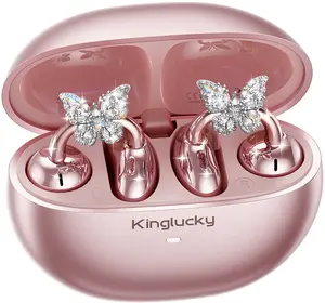 Kinglucky Stylish Open-Ear Clip-On Headphones, Lightweight & Comfortable Fit, Fashionable Open-Ear Earbuds for Women, Ideal for Work, Running, and Daily Wear Pink (Butterfly)