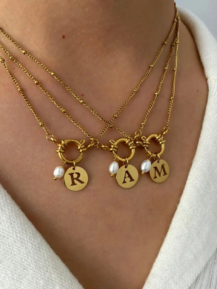 Waterproof Initial Necklace with Pearl Pendant 18k Gold Plated Stainless Steel Hypoallergenic