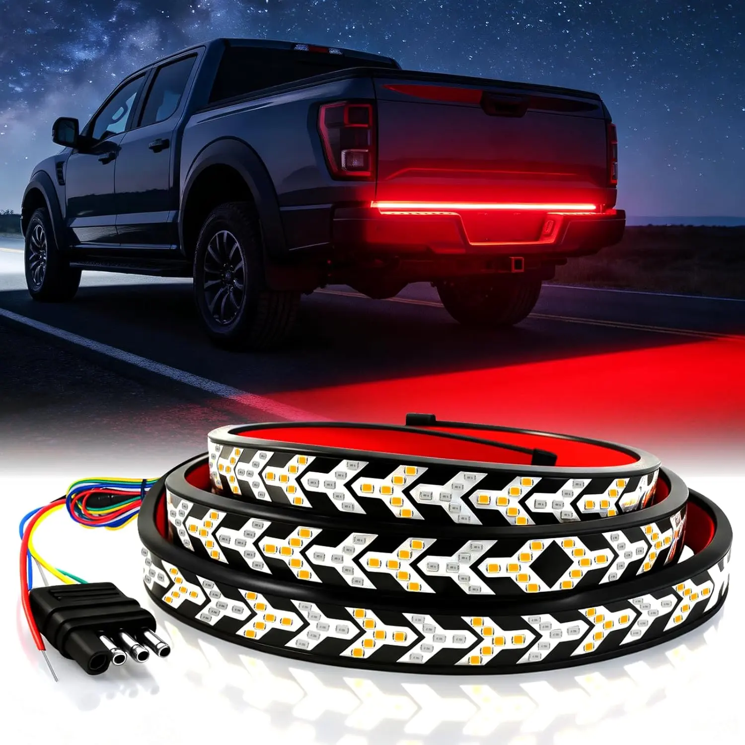 Truck Tailgate Led Light Strip, 59Inch Led Tailgate Light Bar Waterproof Arrow with Sequential Turn Signal Break Runing Red & Amber Flexible for Pickup Truck