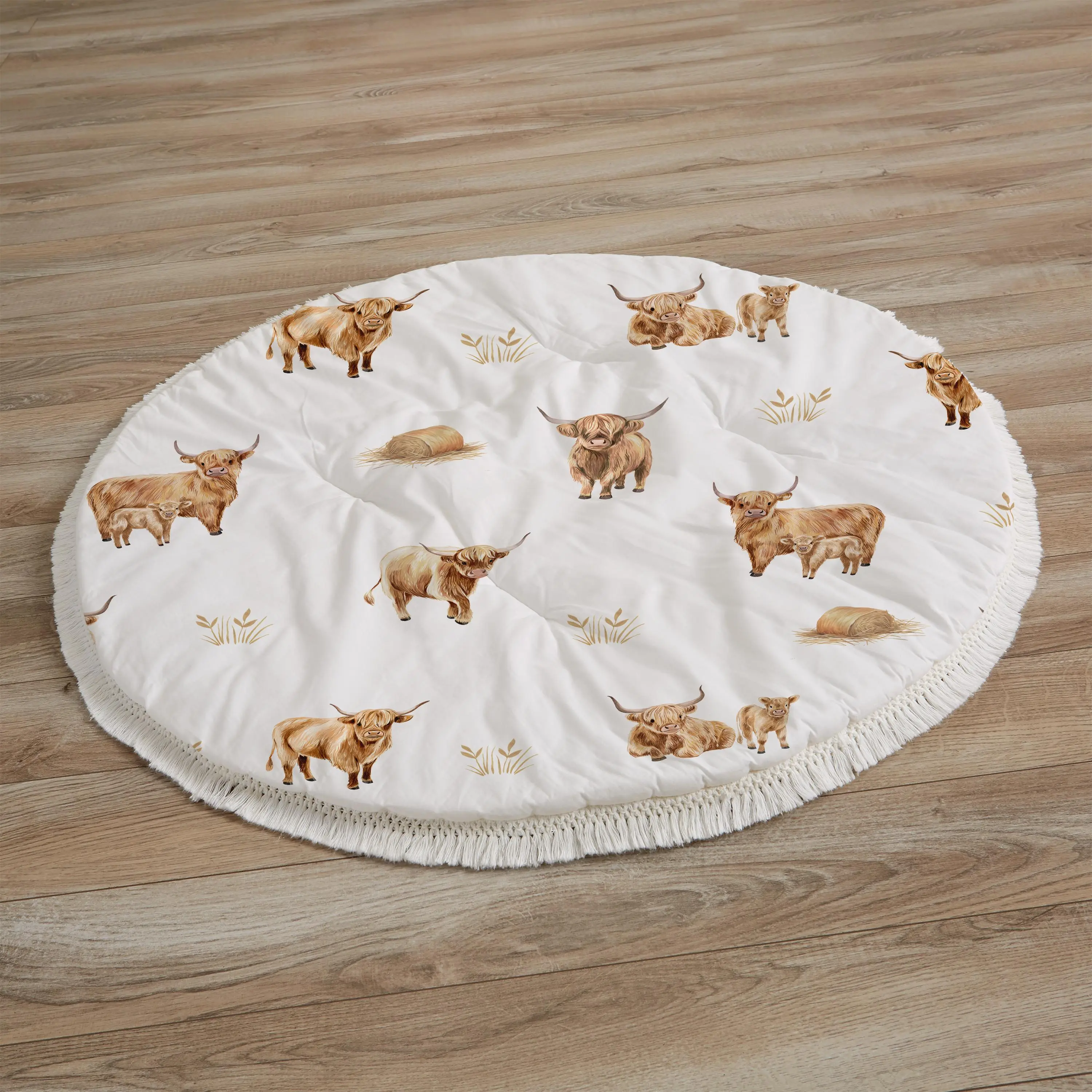 Sweet Jojo Designs Baby Play Mat (Boho Highland Cow) for Girls/Boys, Infant, Toddler Padded Floor Mat, Tummy Time Activity, Newborn Essentials Round Playmat for Babies (Farm Animal, Rustic Farmhouse)