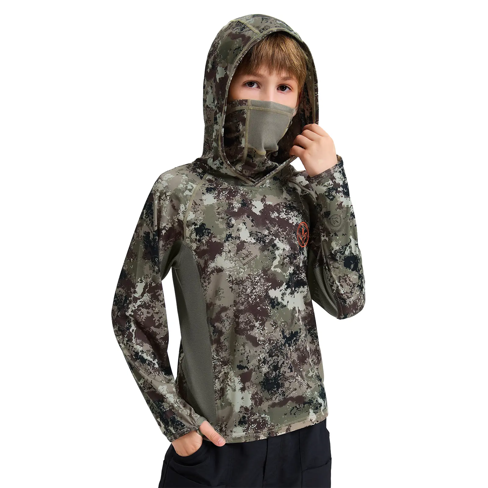 BASSDASH Youth UPF 50+ Camouflage Hoodie - Breathable, Quick Dry, Long Sleeve Hooded Tee with Neck Gaiter, Cold Wash - Green Vegetation Camo with Ash Blue Mesh for Fishing, Quick Dry Hoodie, Animal Vision Focus, Uv Protective, Unisex Wear