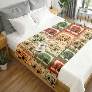 2026 New Arrivals Vintage Caravan Print Flannel Blanket - Soft - Throw Suitable for Couch, Bed, Camping & Travel Gifts, Soundwave Technology Soundwave technology Flower Technology Bedspread, Multicolor Patterns for Contemporary Cabin Style Home Decor