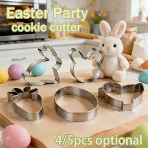 Easter Cookie Molds, 5 Piece Chicken Carrot Egg Rabbit Shape Stainless Steel Baking Set, Holiday Theme Bakery Kit, Easy to Use
