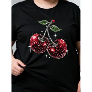 Casual Crew Neck Womens TShirt Featuring Cherr- Fruit Circle Print and Loose Fit AllSeason Wearable Durable and MachineWashable