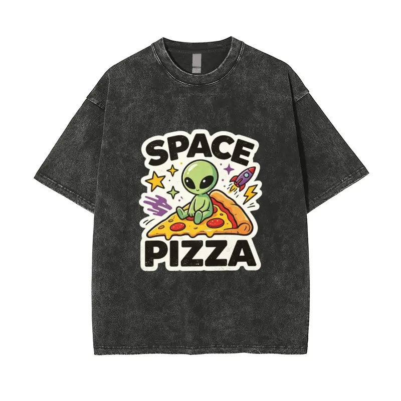 Men’s & Women’s Loose Fit Vintage Washed T-Shirt, Space Alien Pizza Graphic Short Sleeve Crew Neck Tee