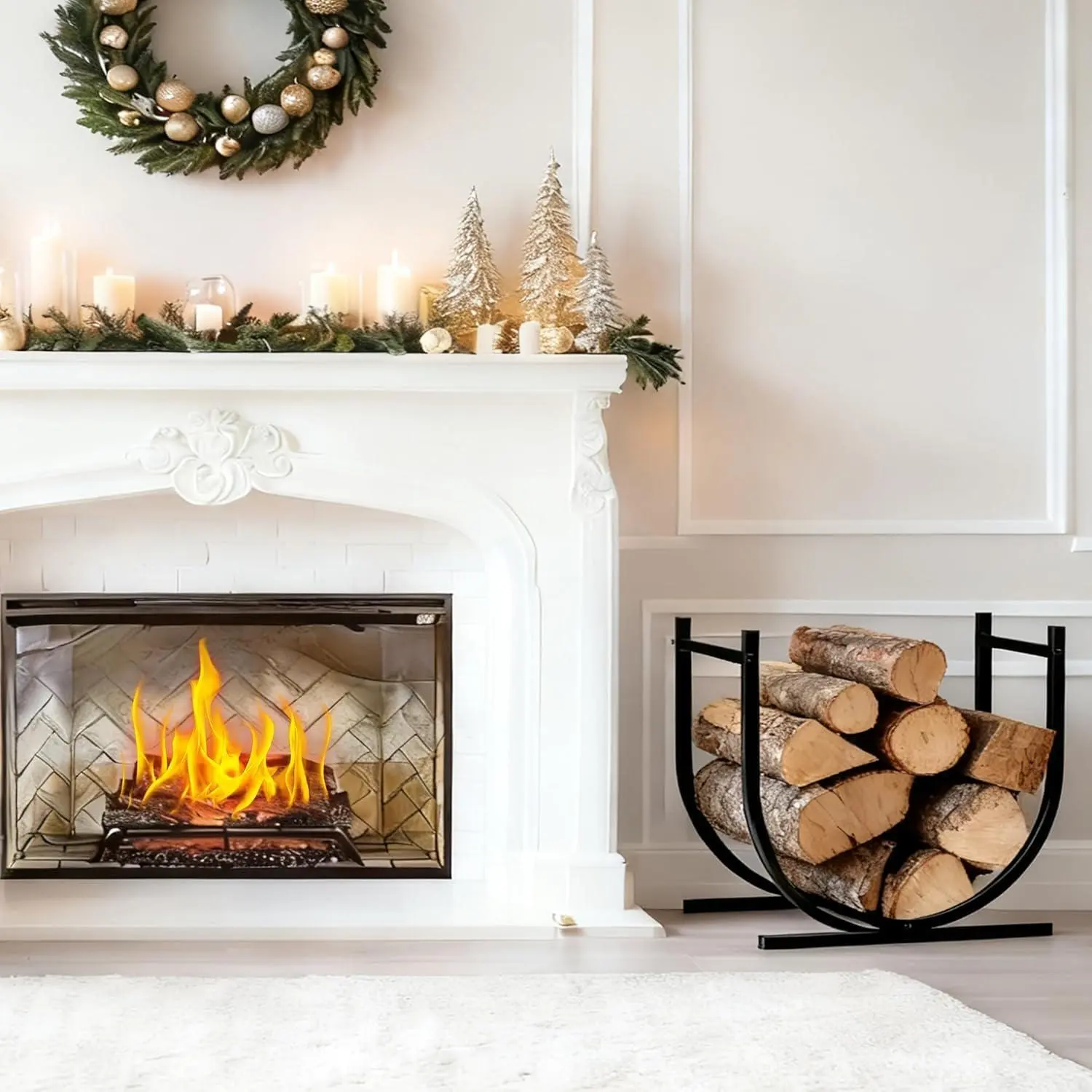 15 Inch Firewood Rack, Indoor Fireplace Log Holder, Heavy Duty Metal Wood Storage Rack, Compact Firewood Organizer Stand for Hearth Living Room
