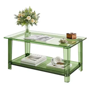 【DealsForYouDays】VEVOR Acrylic Coffee Table, 2 Tiers Center Table with Storage Shelf, Modern Rectangle Acrylic Coffee Desk, Ideal for Dining Room, Kitchen Island, Restaurant, Office, 19.7 x 31.5 x 15.7 in (Green)