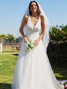 Ever-Pretty Sleeveless V-Neck Lace Tulle Long Dress – Backless  dress Bride Wedding Dress and Bridesmaid Dress, Flowy and Slim Fit Gown for Summer Ceremony 01946