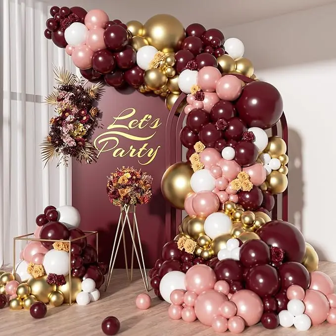 142pcs Burgundy Balloon Arch Garland Kit, Including Metallic Rose Gold & Maroon Balloons, for Birthday, Wedding & Valentine's Day Party Decorations