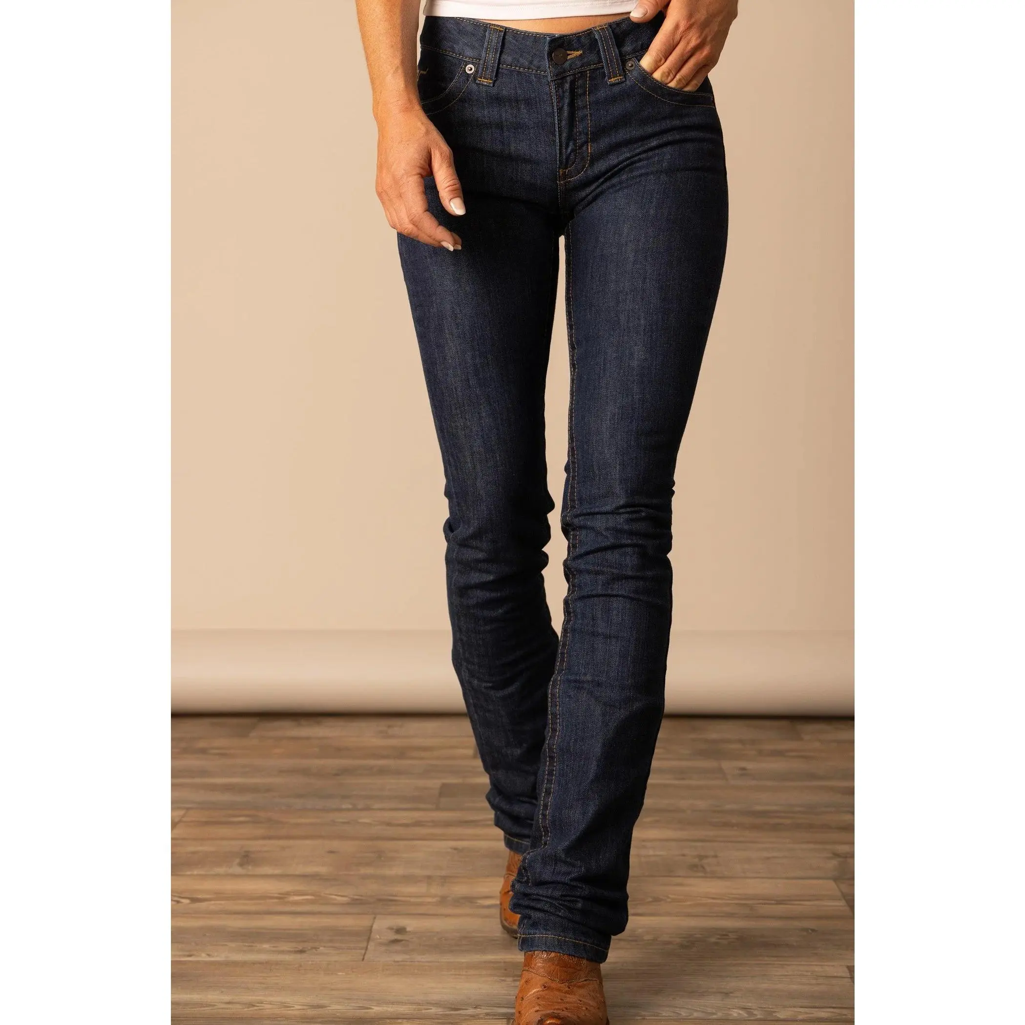 Kimes Betty Jean in Dark Indigo - Mid-Rise Fitted Thigh Bootcut Denim Jeans with Embroidered Detailing & Below the Ankle Hem - 99% Cotton 1% Spandex Jeans Dark Wash