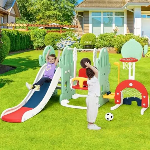 7-in-1 HDPE Plastic Toddler Slide & Swing Set - Freestanding Kids Climber with Adjustable Swing, Anti-Chafe Surfaces, Basketball Hoop, Soccer, Golf, Ring Toss - Indoor/Outdoor Playset for Ages 1-3