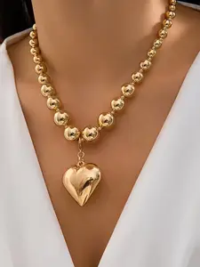 Exaggerated Large Round Bead Punk Collar Necklace, Heart Design Necklace, Geometric Bead Heart Pendant, Trendy Clavicle Chain Jewelry for Women, Punk Style Necklace