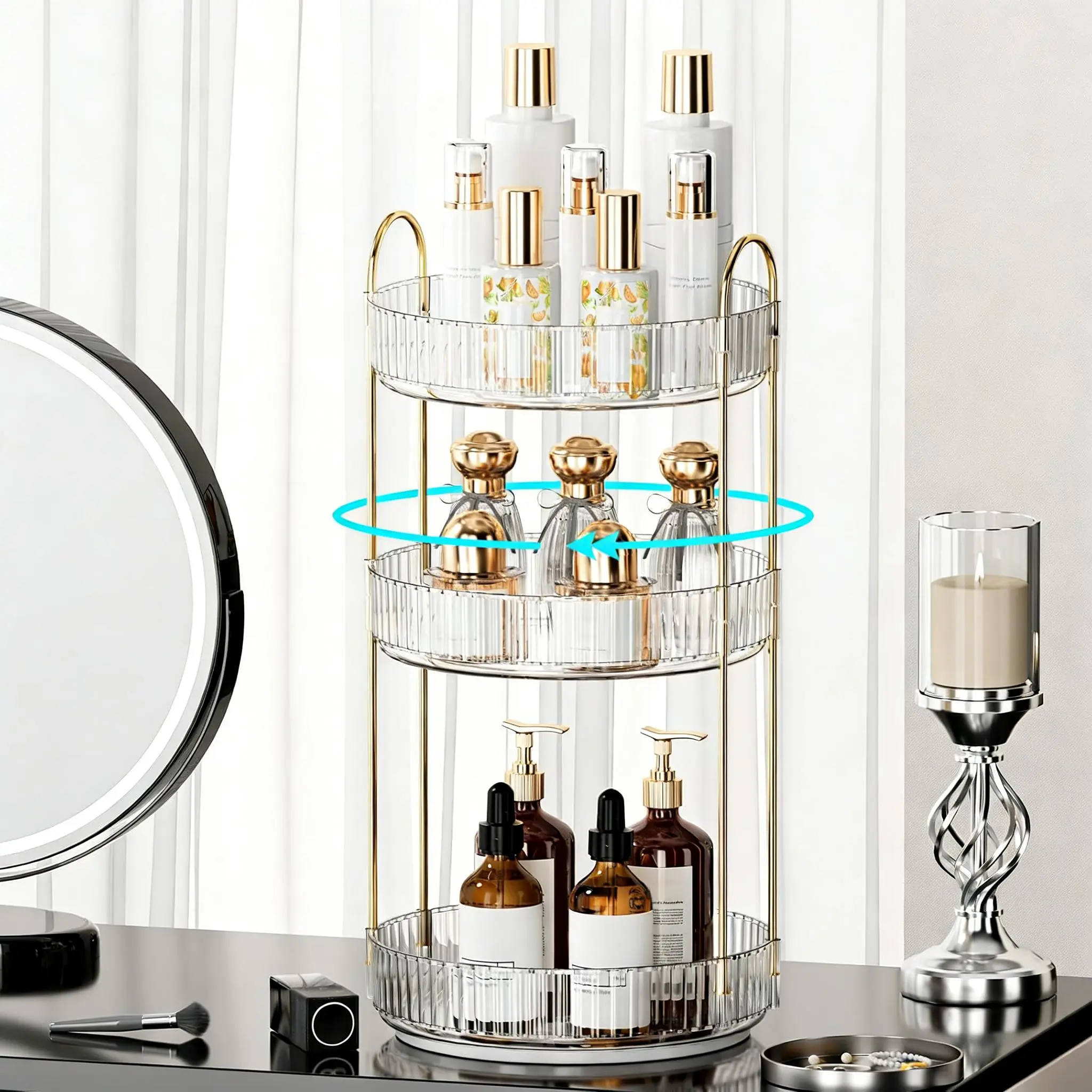 UFORU 360° Rotatable Round Plastic Cosmetic Organizer with Gold Frame - 9in Diameter, Multi-layered, Extra-large Capacity, Smooth Rotation, Durable Modern Countertop Storage for Vanity & Beauty Organization, Ideal Birthday Gift