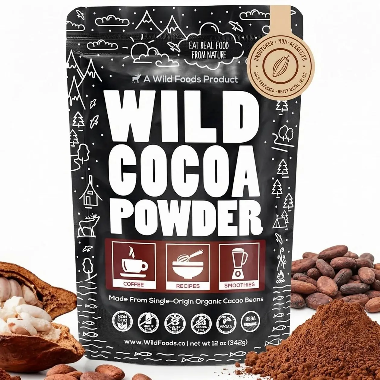 Wild Foods Organic Cocoa Powder | Single Origin Unsweetened Keto Chocolate Powder for Cooking & Baking | 100% Natural Cacao Beans | Sugar Free Non Dutch Raw Superfood | 12 oz
